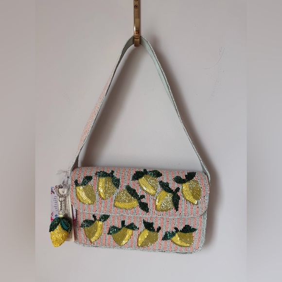 Handbags - Viral beaded lemon pink white striped Shoulder Bag with beaded lemon charm